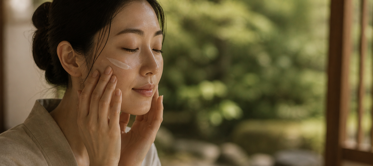 A woman smoothing cream onto her cheek beside an open view of a Japanese garden